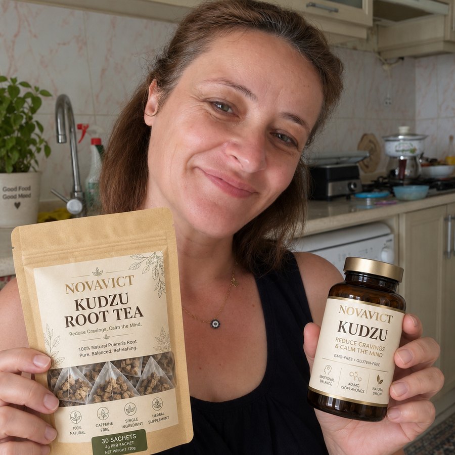 Novavict customer with Kudzu capsules and Kudzu root tea