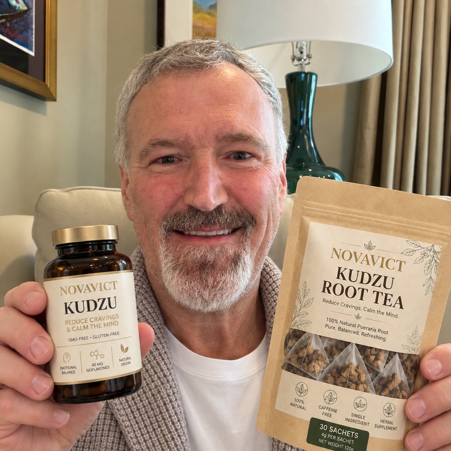 Novavict customer with Kudzu capsules and Kudzu root tea